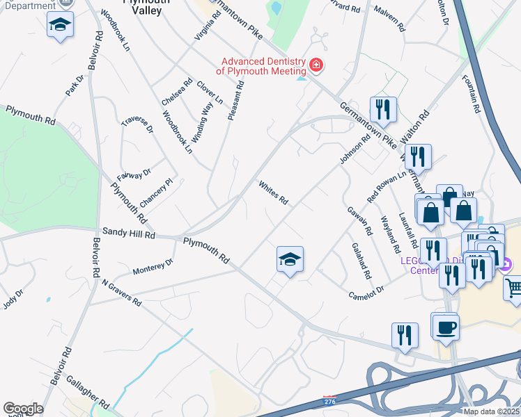 map of restaurants, bars, coffee shops, grocery stores, and more near 1829 Johnson Road in Plymouth Meeting