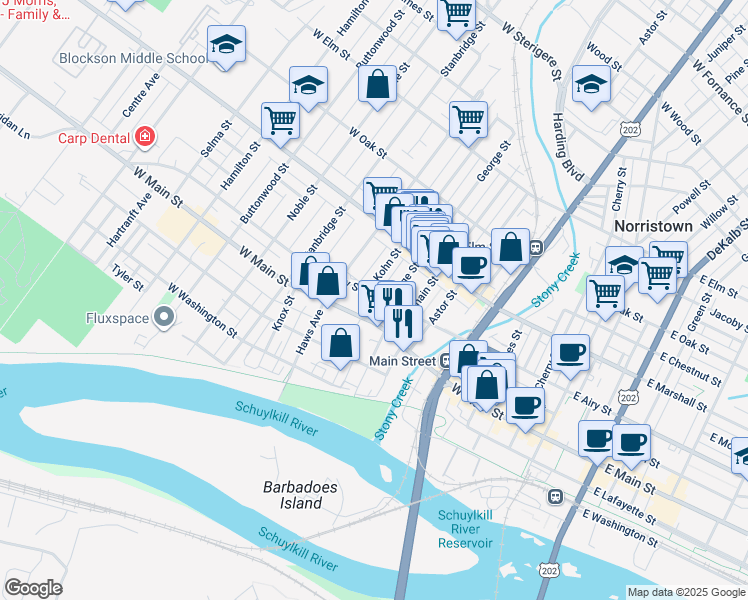 map of restaurants, bars, coffee shops, grocery stores, and more near 612 West Airy Street in Norristown