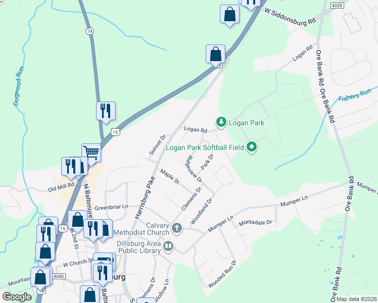 map of restaurants, bars, coffee shops, grocery stores, and more near 519 Ridgeview Drive in Dillsburg
