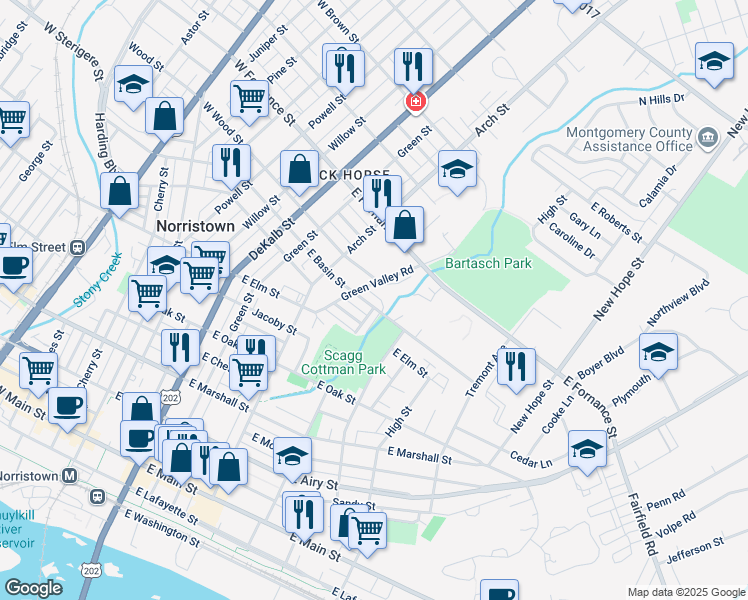 map of restaurants, bars, coffee shops, grocery stores, and more near 423 East Basin Street in Norristown