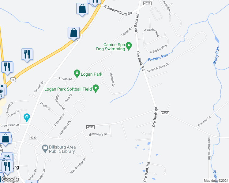 map of restaurants, bars, coffee shops, grocery stores, and more near 427 Santa Anita Drive in Dillsburg