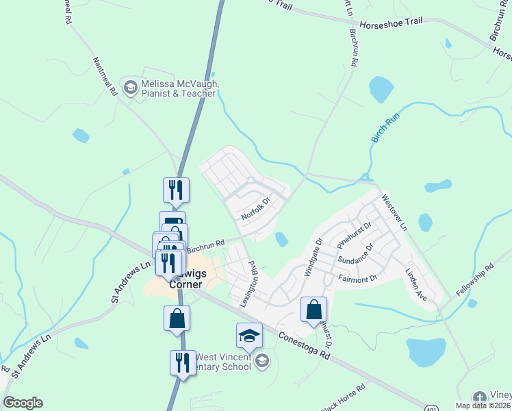 map of restaurants, bars, coffee shops, grocery stores, and more near 618 Kent Court in Chester Springs