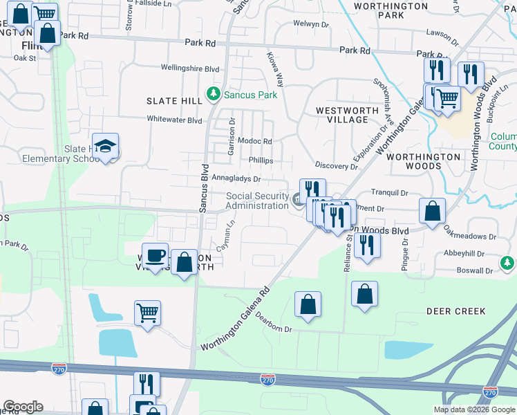 map of restaurants, bars, coffee shops, grocery stores, and more near 7584 Lilyhill Ct in Worthington
