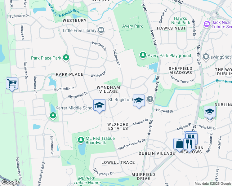 map of restaurants, bars, coffee shops, grocery stores, and more near 7420 Tullymore Drive in Dublin