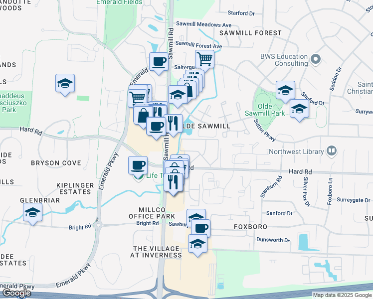 map of restaurants, bars, coffee shops, grocery stores, and more near 2704 Collinford Drive in Dublin