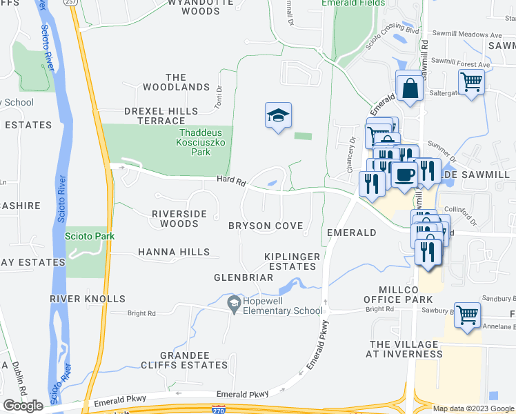 map of restaurants, bars, coffee shops, grocery stores, and more near 7337 Clover Park Way in Dublin