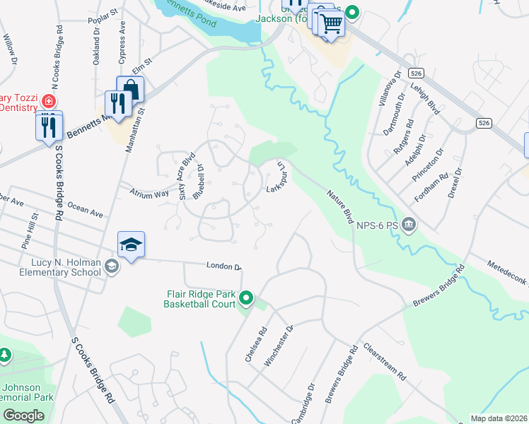 map of restaurants, bars, coffee shops, grocery stores, and more near 30 Eucalyptus Court in Jackson Township