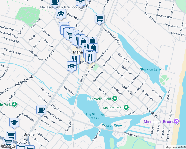 map of restaurants, bars, coffee shops, grocery stores, and more near 261 Cedar Avenue in Manasquan