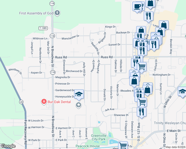 map of restaurants, bars, coffee shops, grocery stores, and more near 1209 Howard Drive in Greenville
