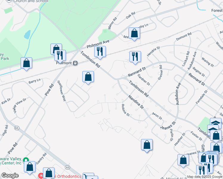 map of restaurants, bars, coffee shops, grocery stores, and more near 10827 Rennard Street in Philadelphia