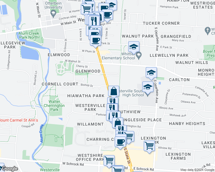 map of restaurants, bars, coffee shops, grocery stores, and more near 242 South State Street in Westerville