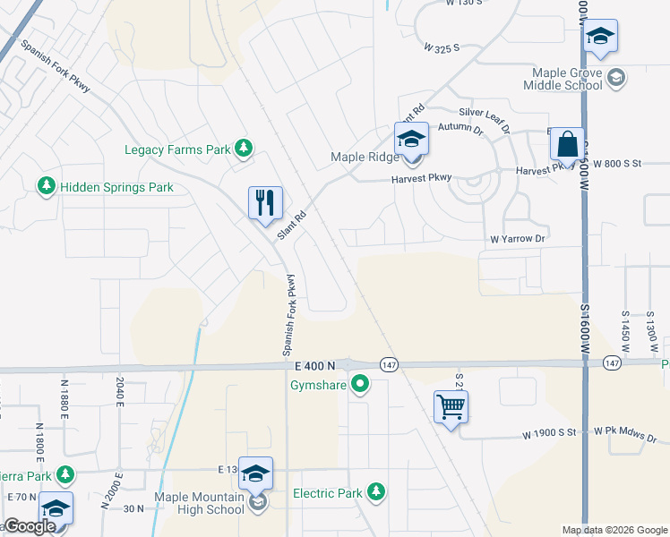 map of restaurants, bars, coffee shops, grocery stores, and more near Spanish Fork Parkway in Springville