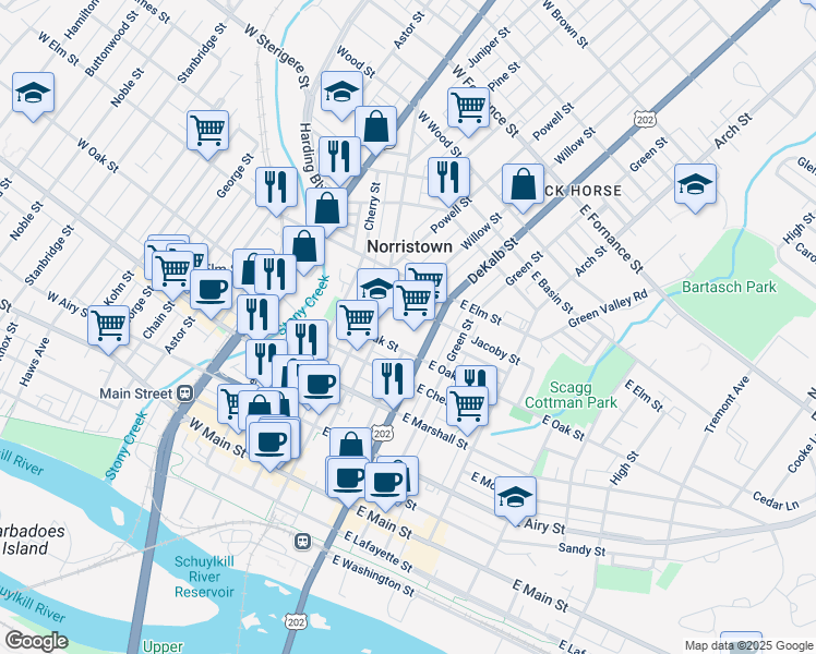 map of restaurants, bars, coffee shops, grocery stores, and more near 821 Willow Street in Norristown
