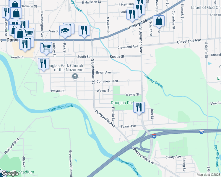 map of restaurants, bars, coffee shops, grocery stores, and more near 733 Wayne Street in Danville