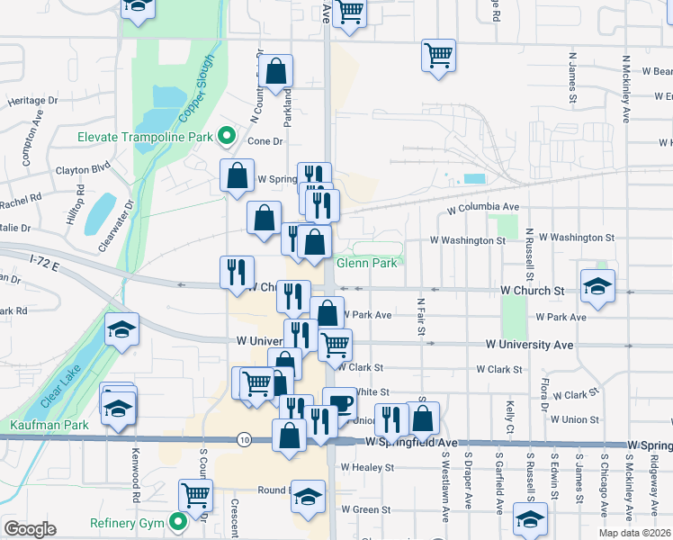 map of restaurants, bars, coffee shops, grocery stores, and more near 1713 Glenn Park Drive in Champaign
