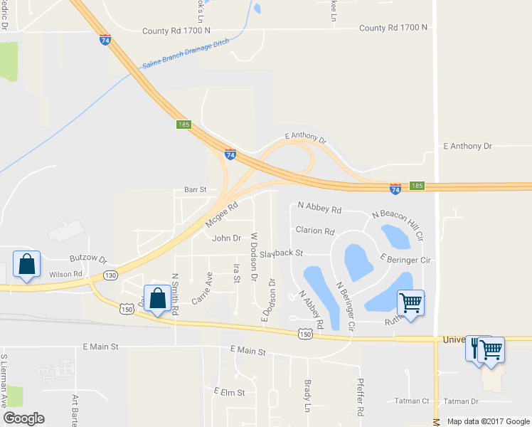 map of restaurants, bars, coffee shops, grocery stores, and more near 703 E Dodson Dr in Urbana