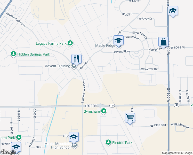 map of restaurants, bars, coffee shops, grocery stores, and more near Spanish Fork Parkway in Springville