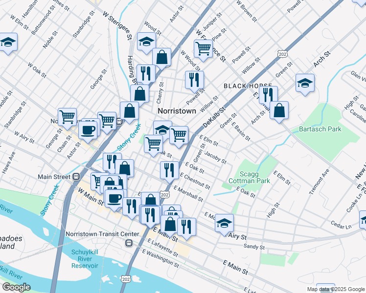 map of restaurants, bars, coffee shops, grocery stores, and more near 827 U.S. 202 in Norristown
