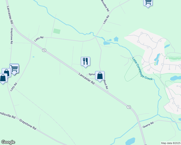 map of restaurants, bars, coffee shops, grocery stores, and more near 2339 Spruce Street in Manheim