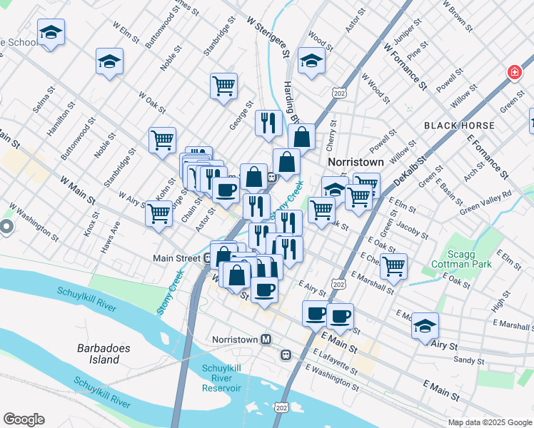 map of restaurants, bars, coffee shops, grocery stores, and more near 622 Markley St in Norristown