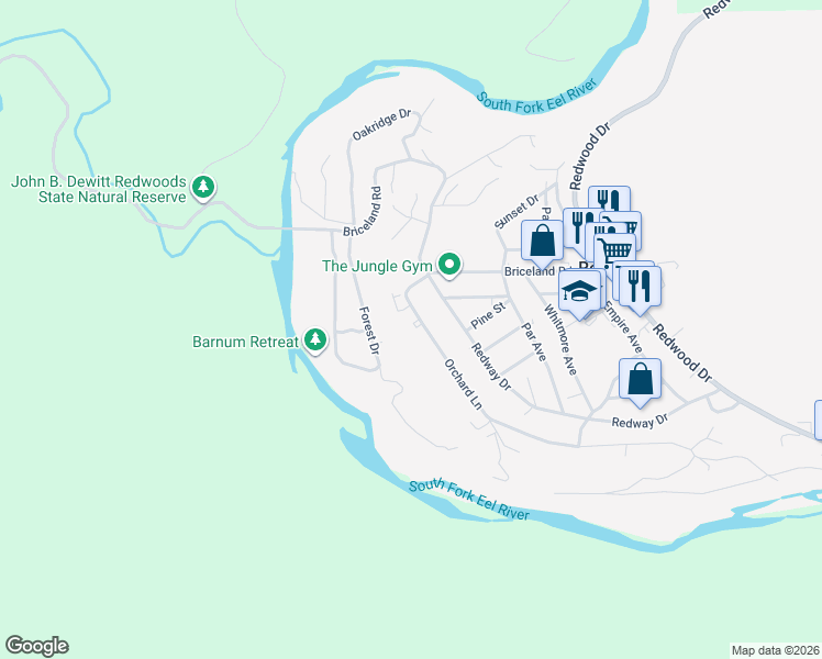 map of restaurants, bars, coffee shops, grocery stores, and more near 203-331 Orchard Lane in Redway