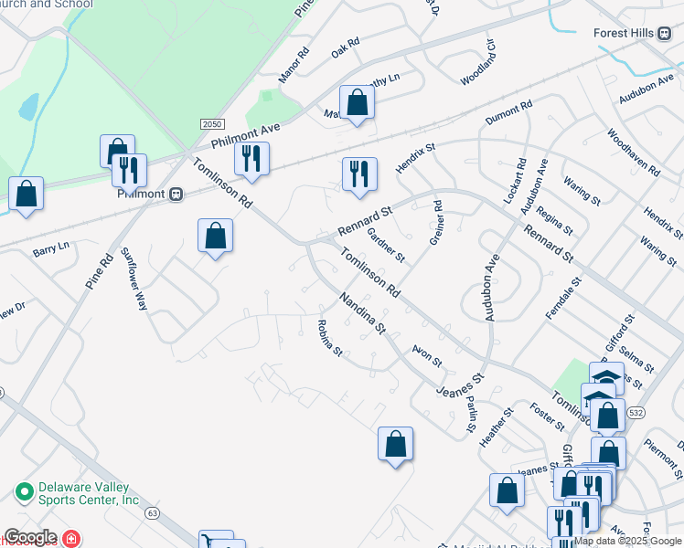 map of restaurants, bars, coffee shops, grocery stores, and more near 10928 Nandina Court in Philadelphia