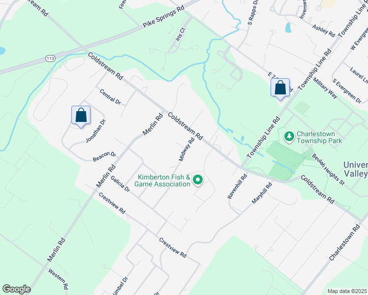 map of restaurants, bars, coffee shops, grocery stores, and more near 121 Midway Road in Phoenixville