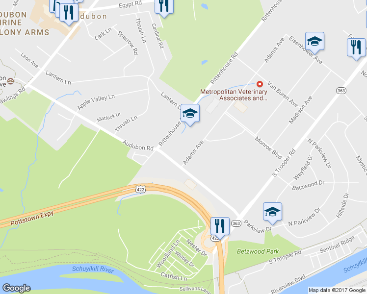 map of restaurants, bars, coffee shops, grocery stores, and more near 1100 Adams Avenue in Norristown