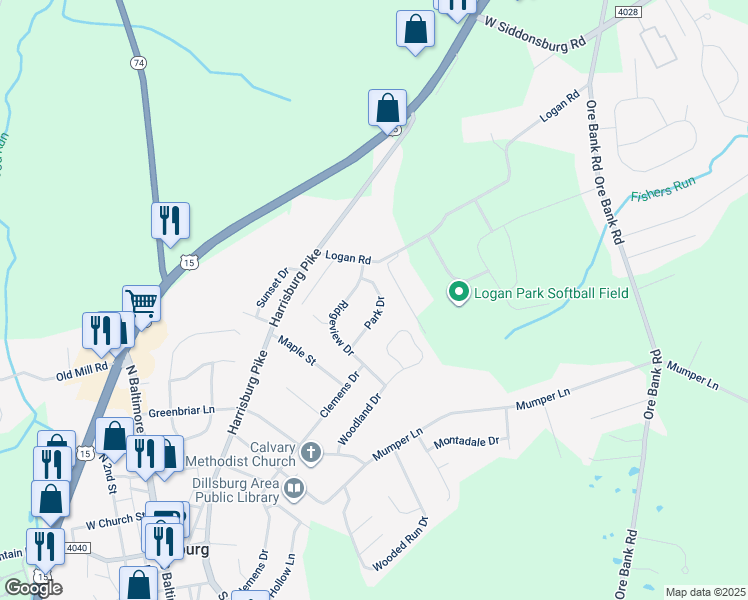 map of restaurants, bars, coffee shops, grocery stores, and more near 21 Park Dr in Dillsburg
