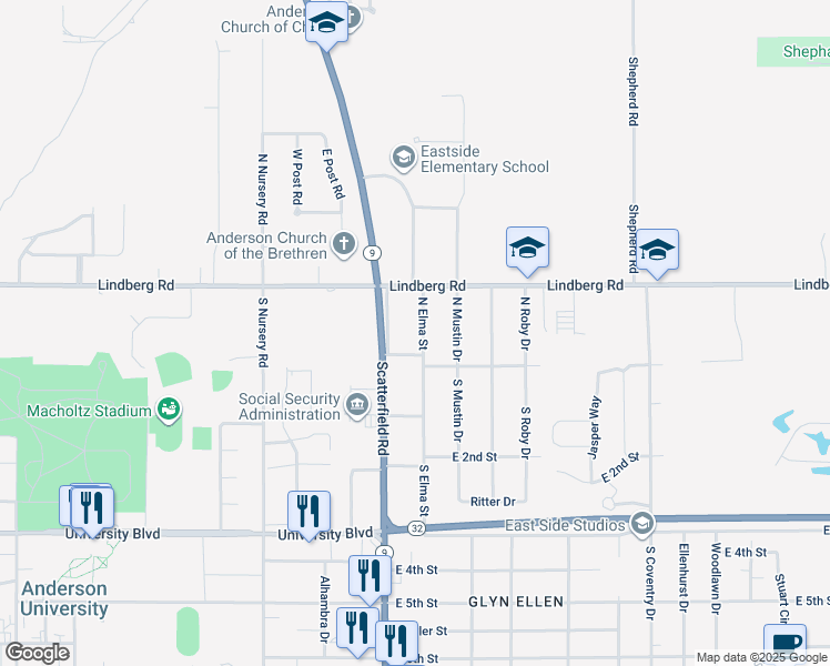 map of restaurants, bars, coffee shops, grocery stores, and more near 25 North Elma Street in Anderson