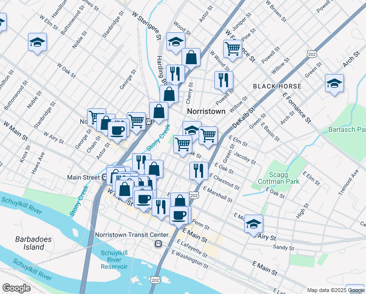 map of restaurants, bars, coffee shops, grocery stores, and more near 801 Swede Street in Norristown
