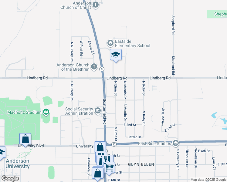 map of restaurants, bars, coffee shops, grocery stores, and more near 25 North Elma Street in Anderson