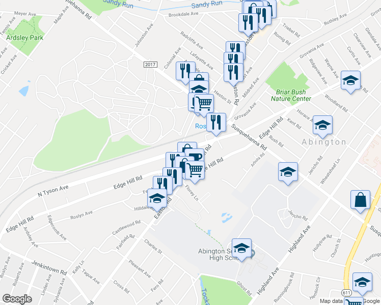 map of restaurants, bars, coffee shops, grocery stores, and more near 1021 Tyson Avenue in Abington