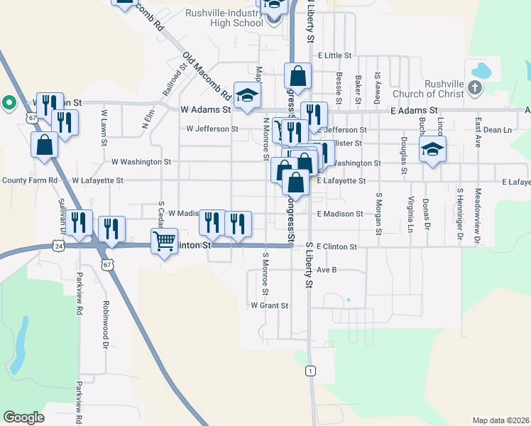 map of restaurants, bars, coffee shops, grocery stores, and more near 300 West Madison Street in Rushville