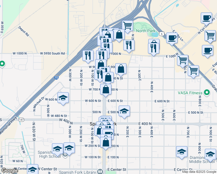 map of restaurants, bars, coffee shops, grocery stores, and more near 720 North Main Street in Spanish Fork