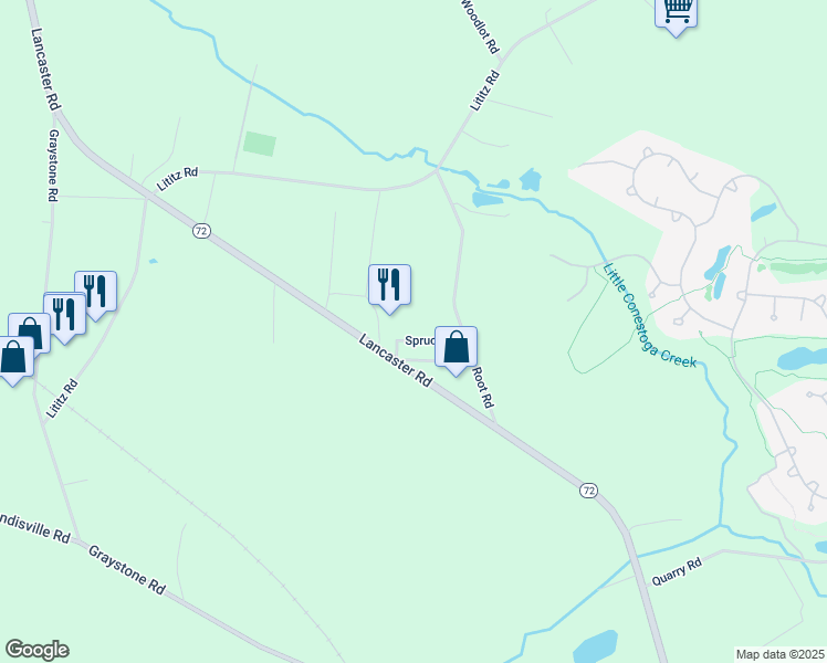 map of restaurants, bars, coffee shops, grocery stores, and more near 2339 Spruce Street in Manheim