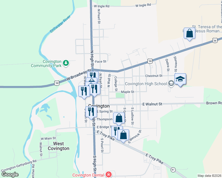 map of restaurants, bars, coffee shops, grocery stores, and more near 115 North Wall Street in Covington