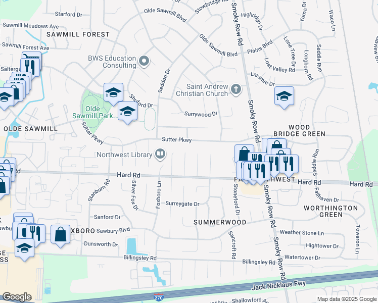 map of restaurants, bars, coffee shops, grocery stores, and more near 7770 Hathaway Park Court in Dublin