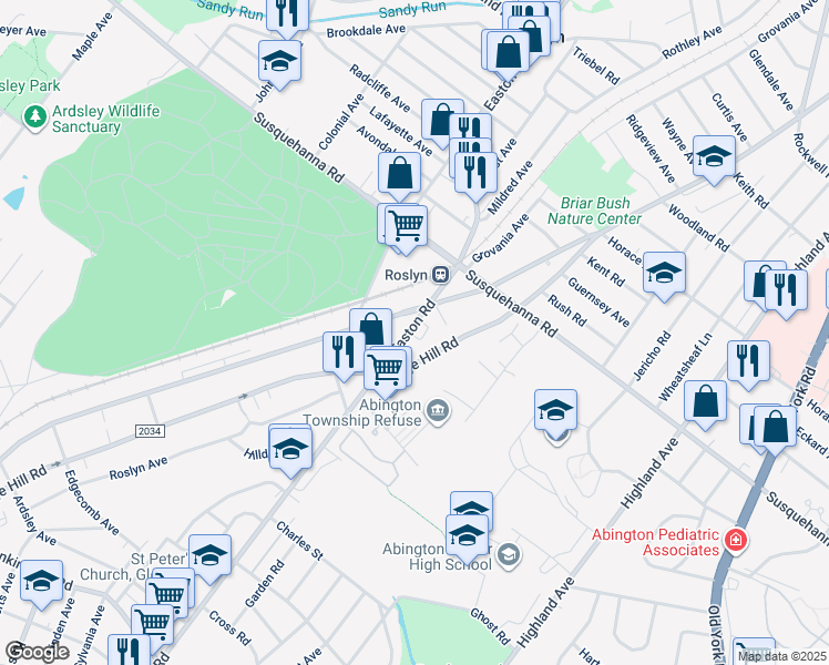 map of restaurants, bars, coffee shops, grocery stores, and more near 1043 Easton Road in Abington