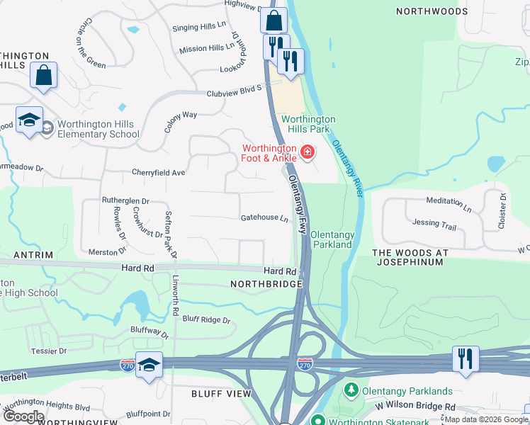 map of restaurants, bars, coffee shops, grocery stores, and more near 730 Gatehouse Lane in Columbus