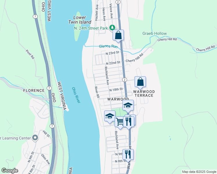 map of restaurants, bars, coffee shops, grocery stores, and more near 133 Linden Lane in Wheeling