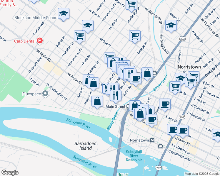 map of restaurants, bars, coffee shops, grocery stores, and more near 501 George Street in Norristown
