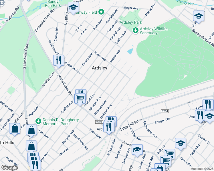 map of restaurants, bars, coffee shops, grocery stores, and more near 718 Monroe Avenue in Glenside