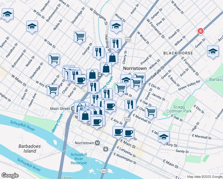map of restaurants, bars, coffee shops, grocery stores, and more near 721 Cherry Street in Norristown