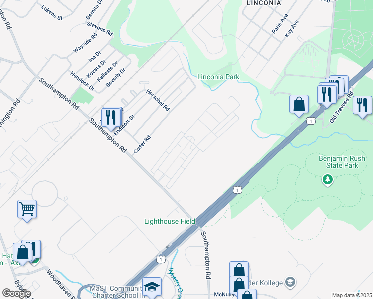 map of restaurants, bars, coffee shops, grocery stores, and more near 15058 Sunflower Drive in Philadelphia