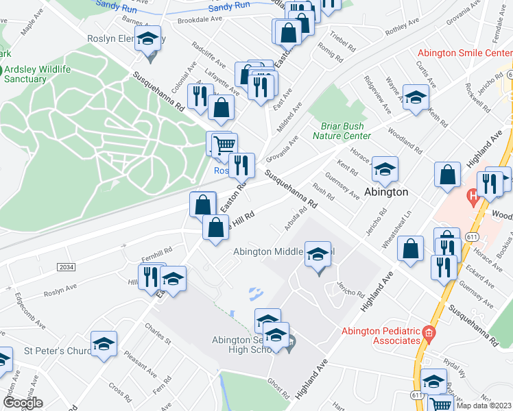 map of restaurants, bars, coffee shops, grocery stores, and more near 1054 Edge Hill Road in Abington