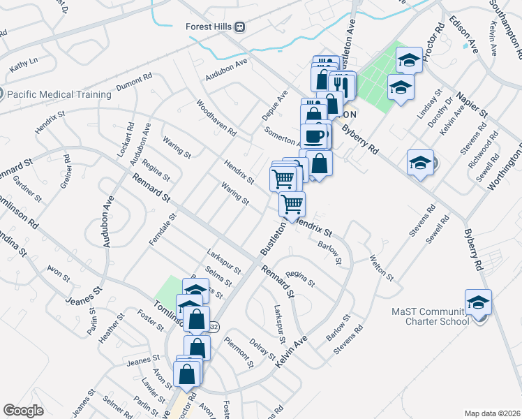 map of restaurants, bars, coffee shops, grocery stores, and more near 11624 Banes Street in Philadelphia