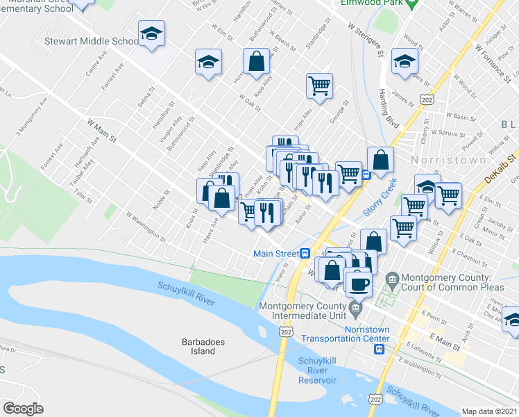 map of restaurants, bars, coffee shops, grocery stores, and more near 501 George Street in Norristown