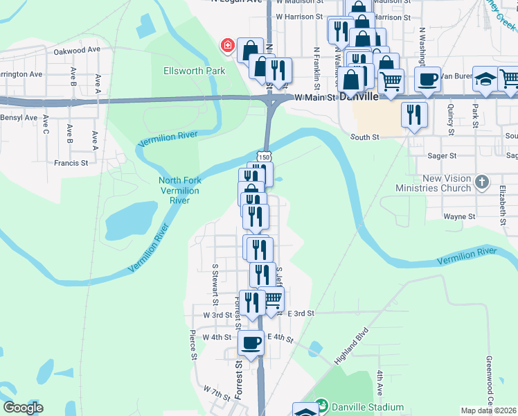 map of restaurants, bars, coffee shops, grocery stores, and more near 126 South Gilbert Street in Danville