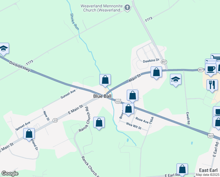 map of restaurants, bars, coffee shops, grocery stores, and more near 1115 Main Street in East Earl